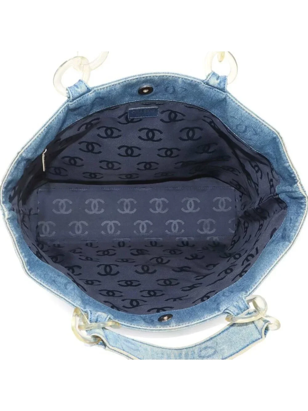 Chanel Plastic Chain Tote Bag Denim Blue Vintage Silver CC Logo